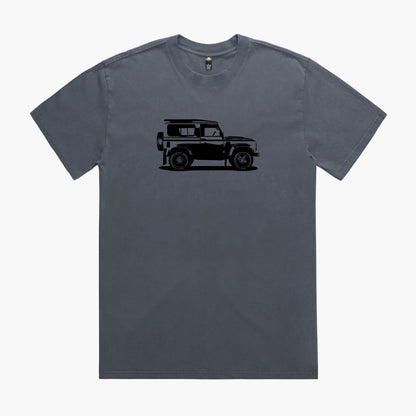 Indigo coloured t-shirt with a black Land Rover Defender 90 print.