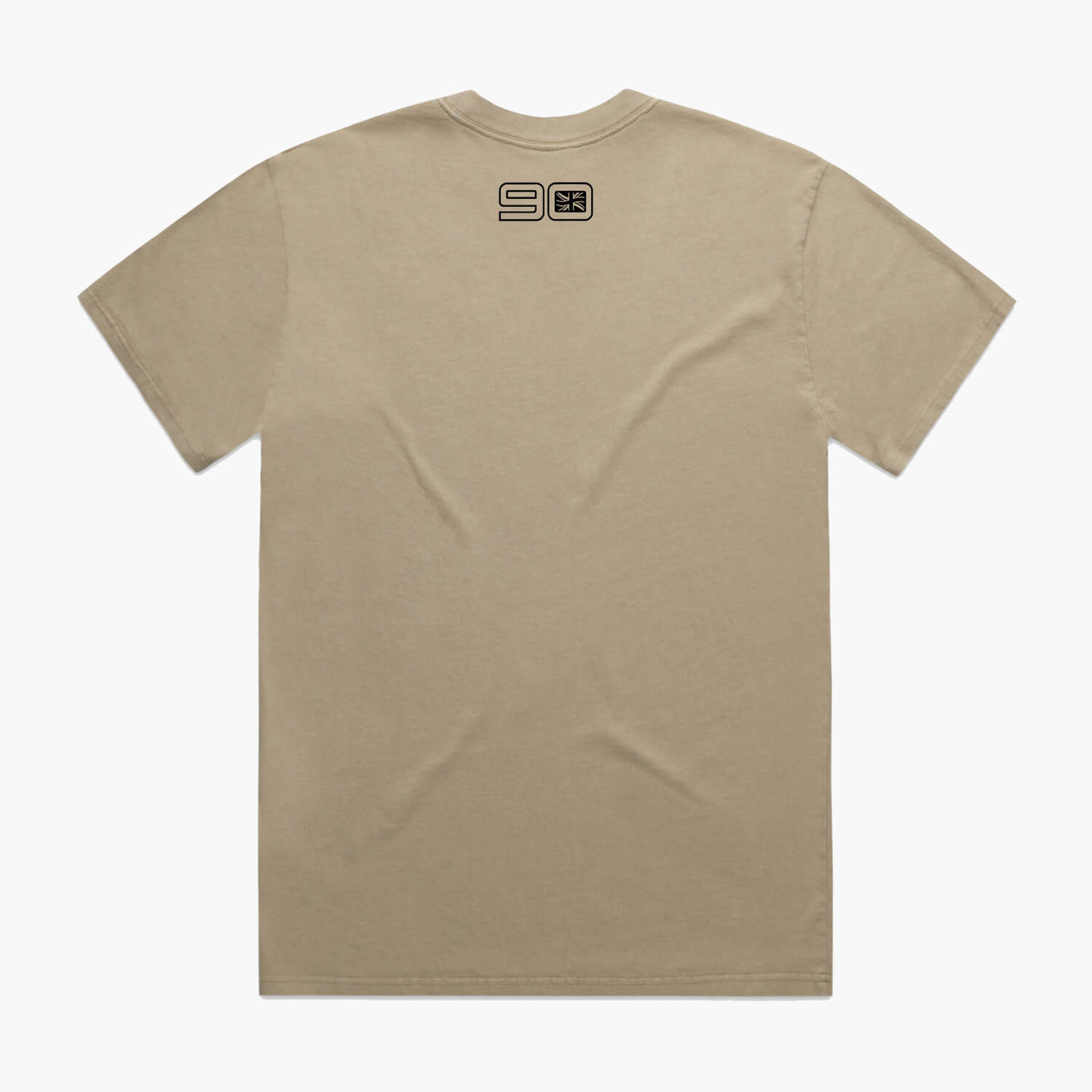 Rear view of a Khaki coloured t-shirt with small 90 neck logo.