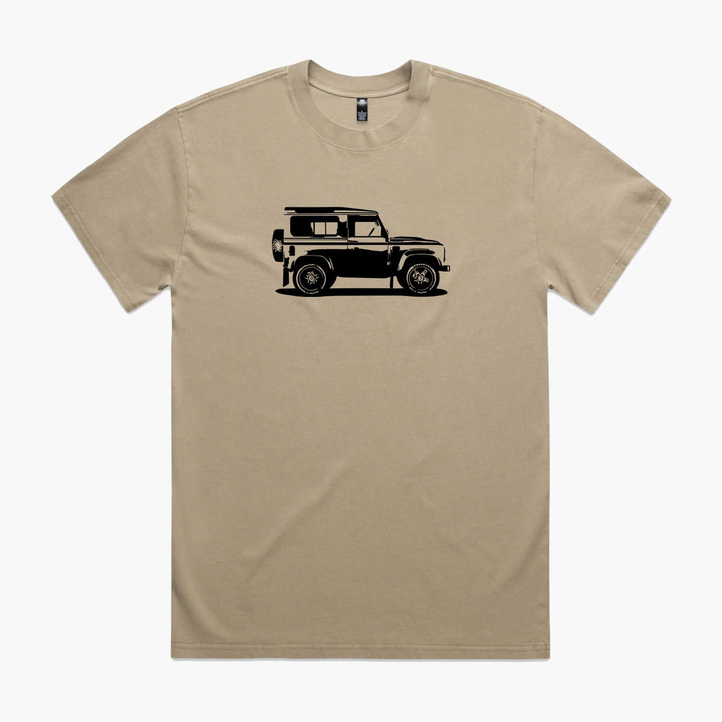 Khaki coloured t-shirt with a black Land Rover Defender 90 print.