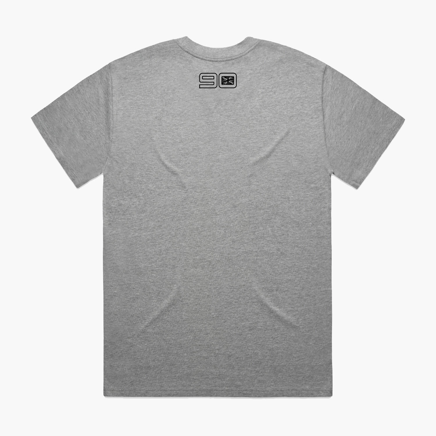 Rear view of a grey marle coloured oversized t-shirt with small 90 neck logo.