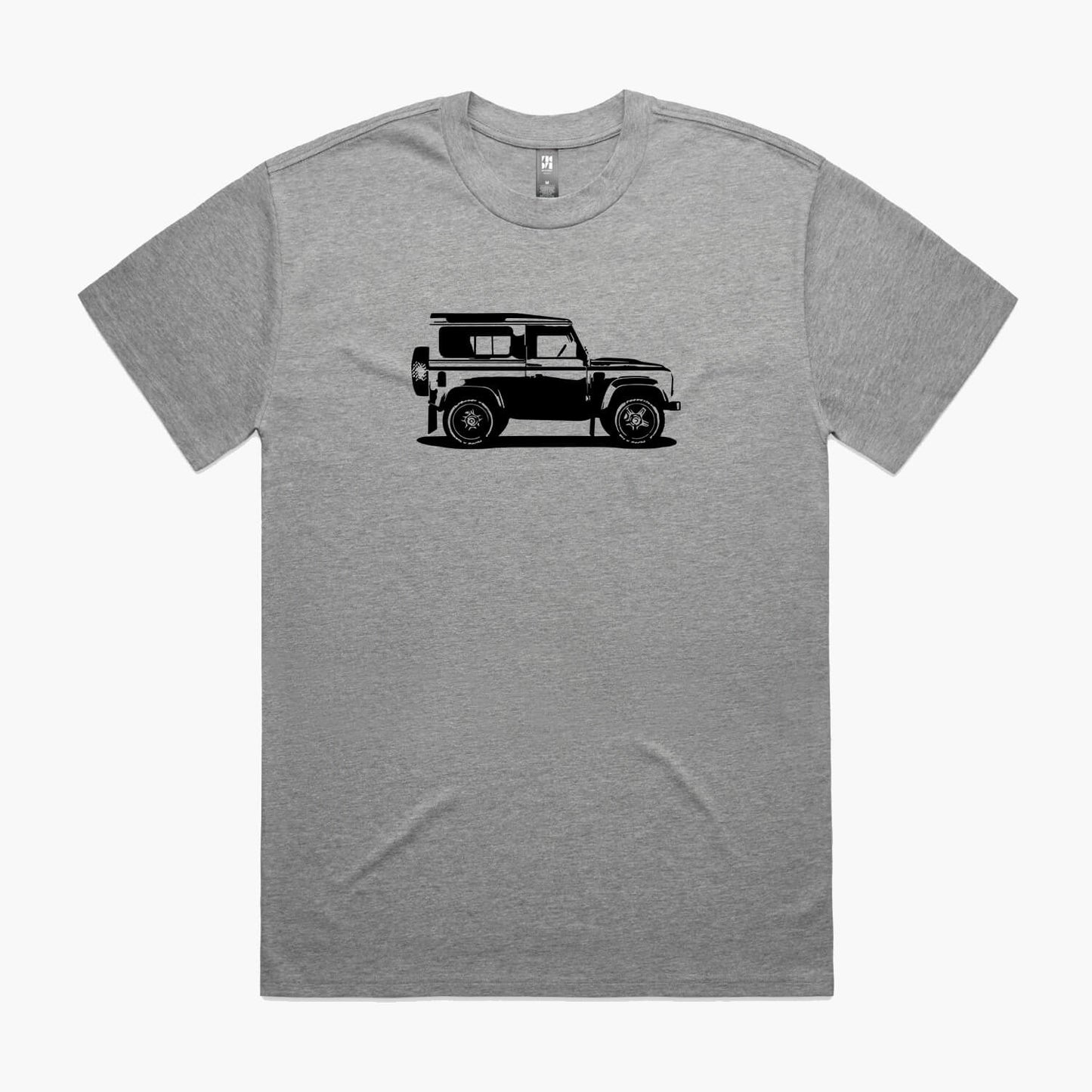 Grey marle coloured oversized t-shirt with a black Land Rover Defender 90 print.