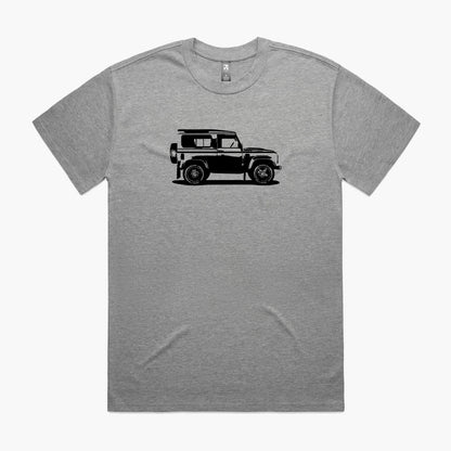 Grey marle coloured oversized t-shirt with a black Land Rover Defender 90 print.