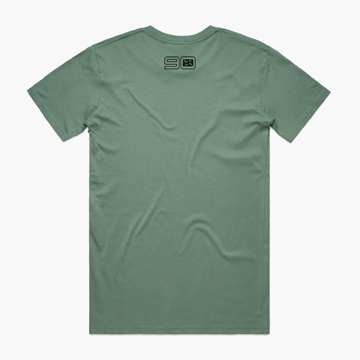 Rear view of a sage coloured t-shirt with small 90 neck logo.