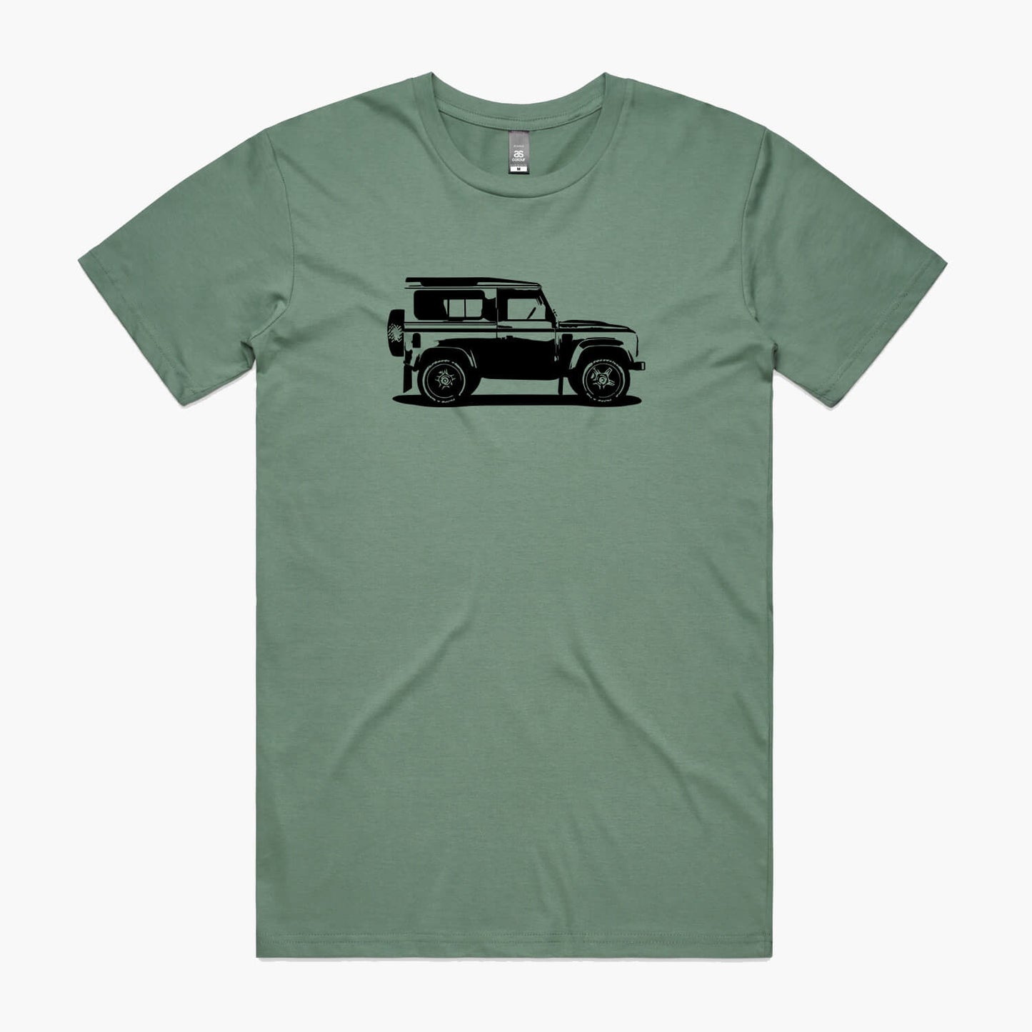 Sage coloured t-shirt with a black Land Rover Defender 90 print.