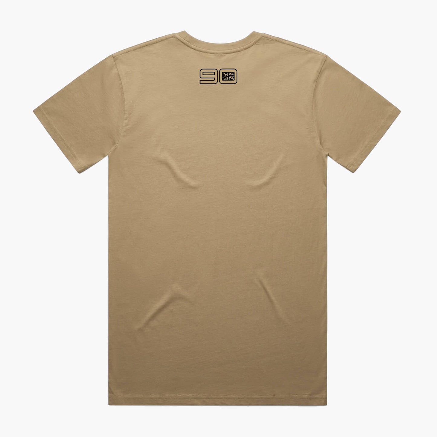 Rear view of a sand coloured t-shirt with small 90 neck logo.