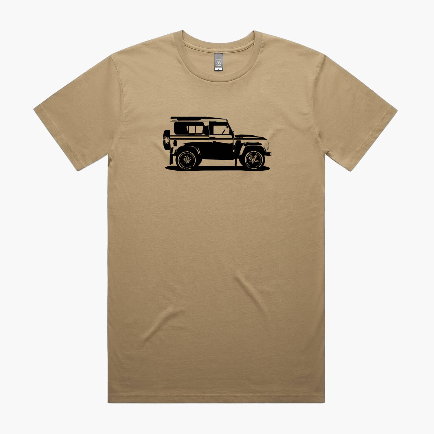 Sand coloured t-shirt with a black Land Rover Defender 90 print.