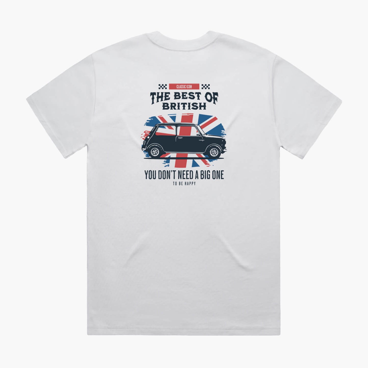 Back view of a white oversized t-shirt featuring a union jack flag and Mini Cooper print