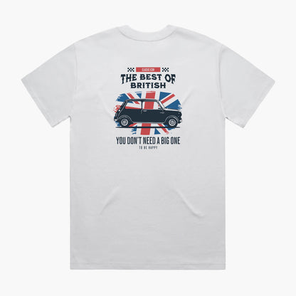 Back view of a white oversized t-shirt featuring a union jack flag and Mini Cooper print