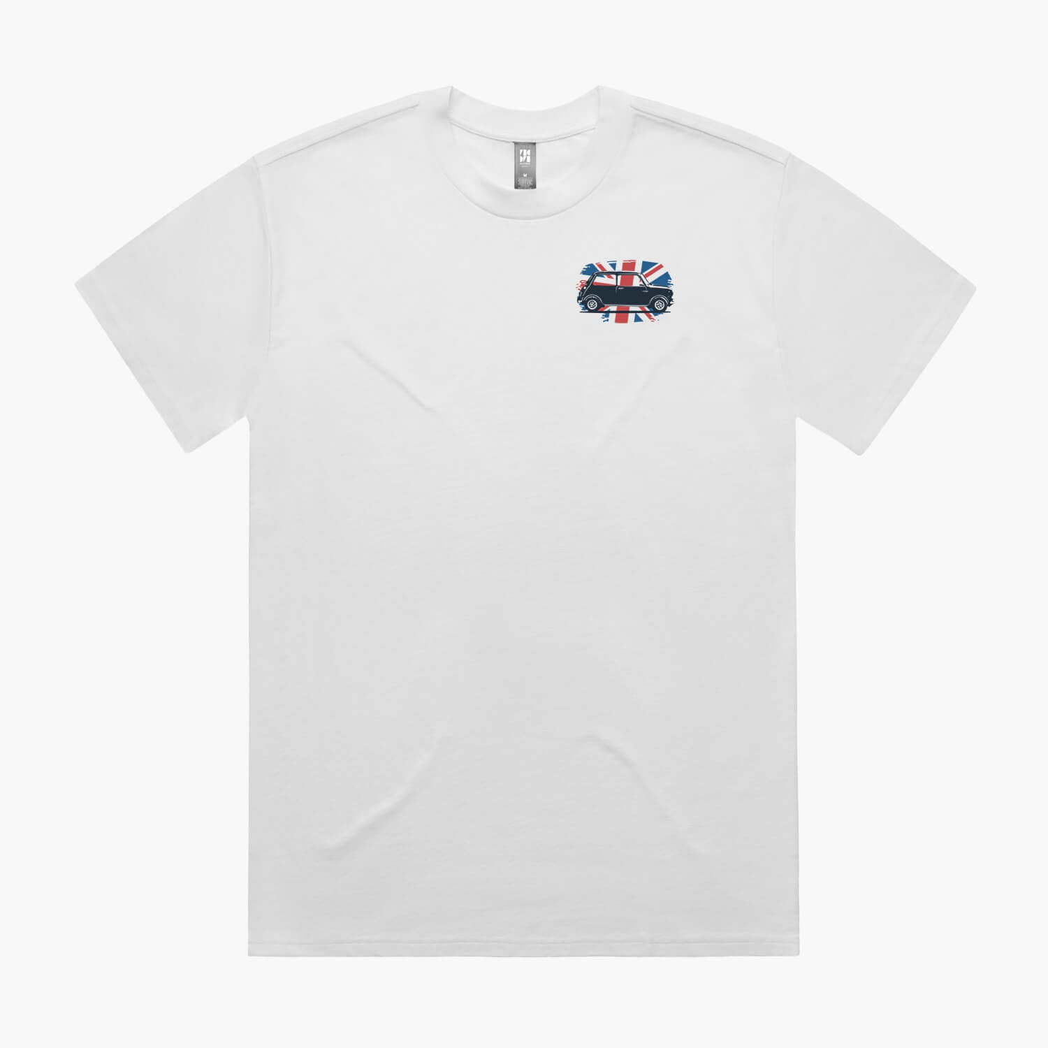 White oversized t-shirt featuring a pocket print of a union jack flag with Mini Cooper