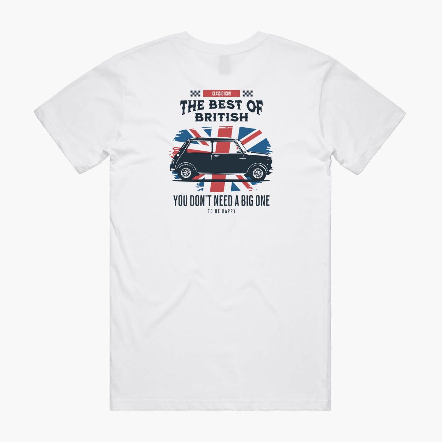 Back view of a white t-shirt featuring a union jack flag and Mini Cooper print