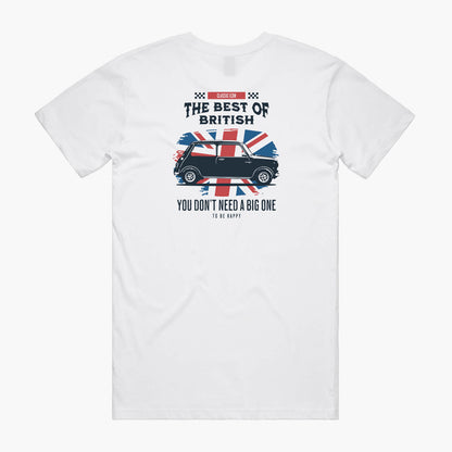 Back view of a white t-shirt featuring a union jack flag and Mini Cooper print