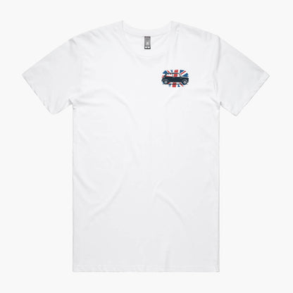 White t-shirt featuring a pocket print of a union jack flag with Mini Cooper