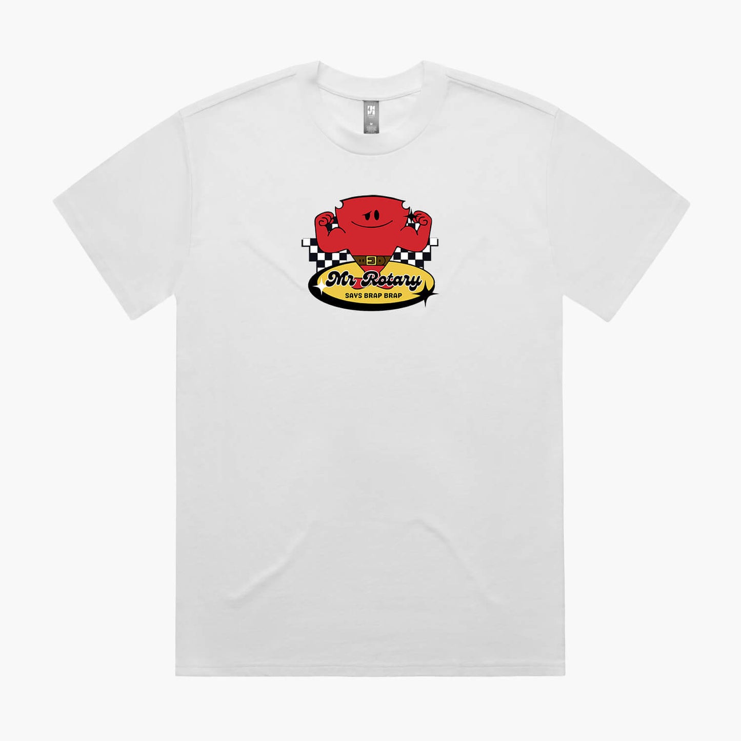 White oversized t-shirt with a cartoon red rotary engine character, text reads 'Mr Rotary Says Brap Brap' on a yellow oval.