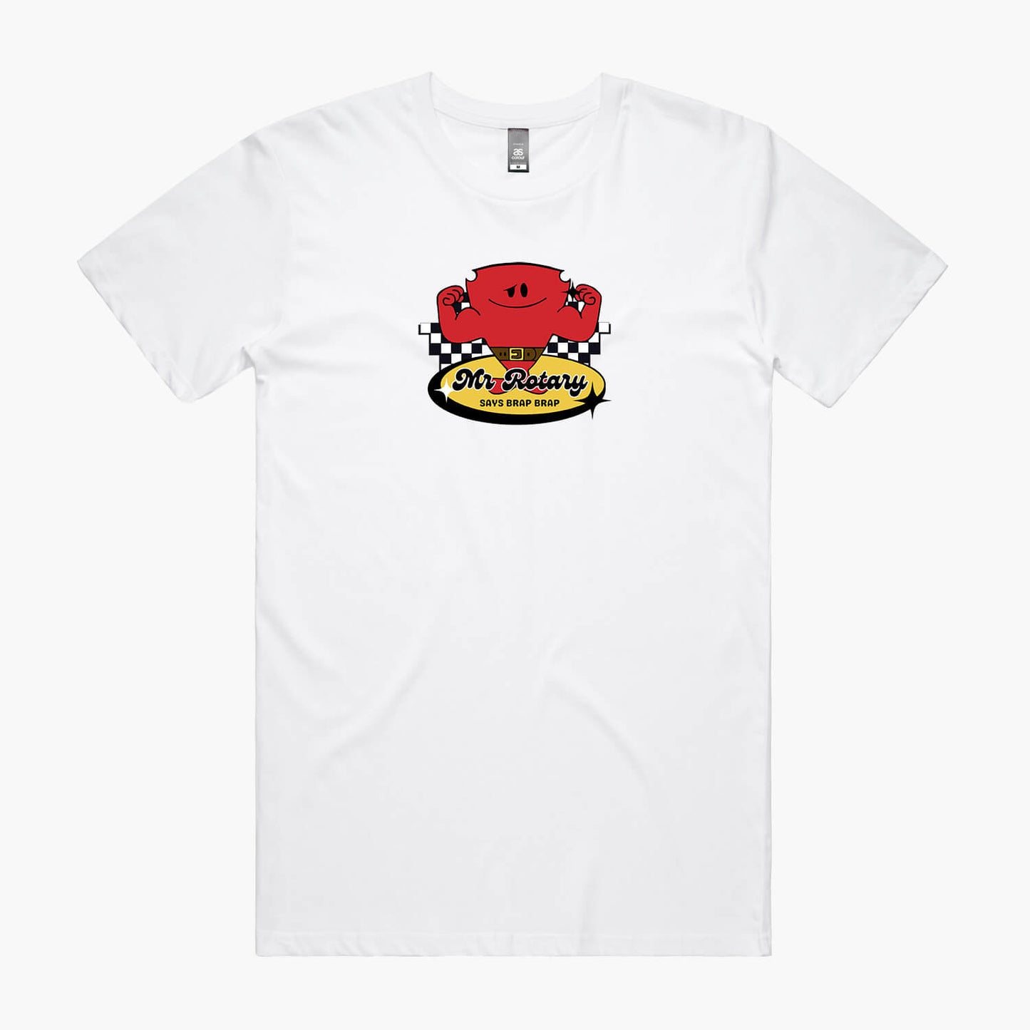 White t-shirt featuring a cartoon red rotary engine character, text reads 'Mr Rotary Says Brap Brap' on a yellow oval logo.