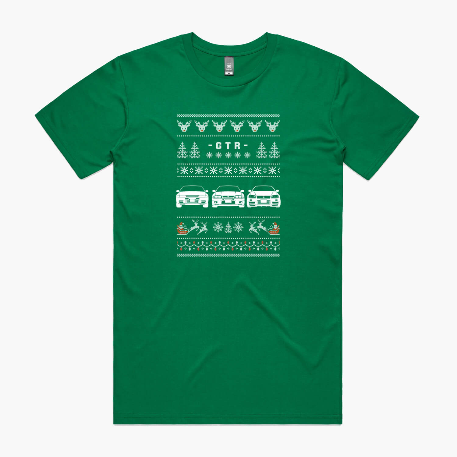 Green t-shirt with Nissan GTR ugly sweater Christmas print