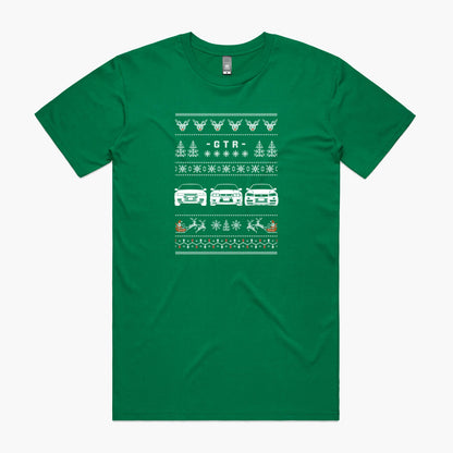 Green t-shirt with Nissan GTR ugly sweater Christmas print