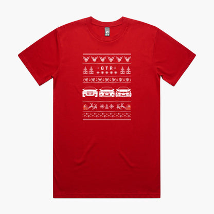 Red t-shirt with Nissan GTR ugly sweater Christmas print