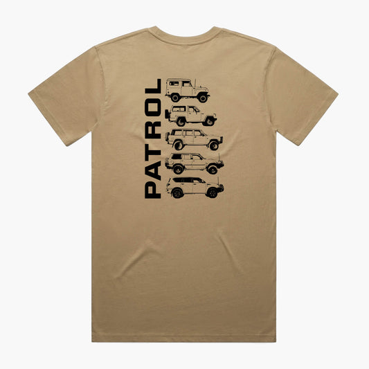 Back view of a sand t-shirt with Nissan Patrol silhouettes printed down the centre.