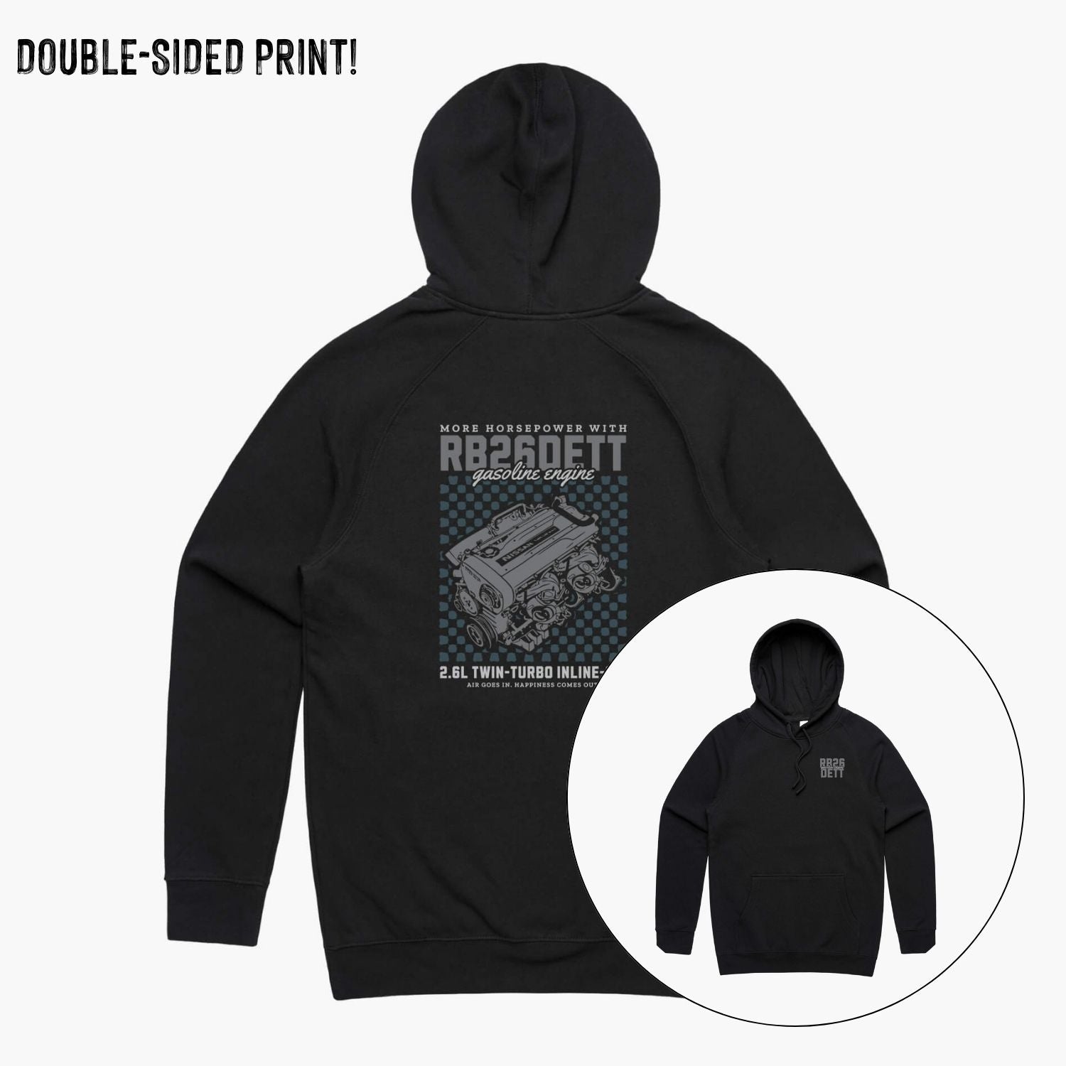 Front and back view of a black hoodie with a Nissan RB26DETT engine print