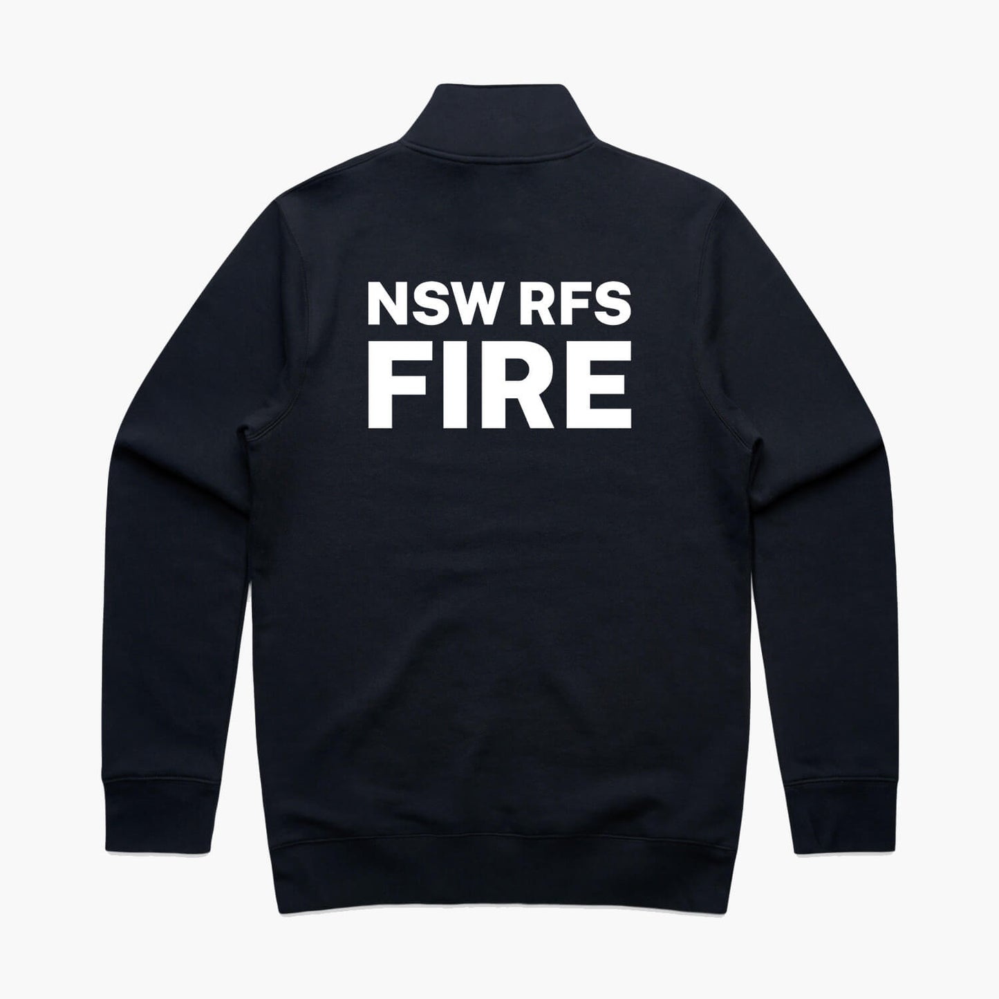 The rear view of a Oakville Brigade RFS quarter zip crew sweater in navy with Rural Fire Service logo.