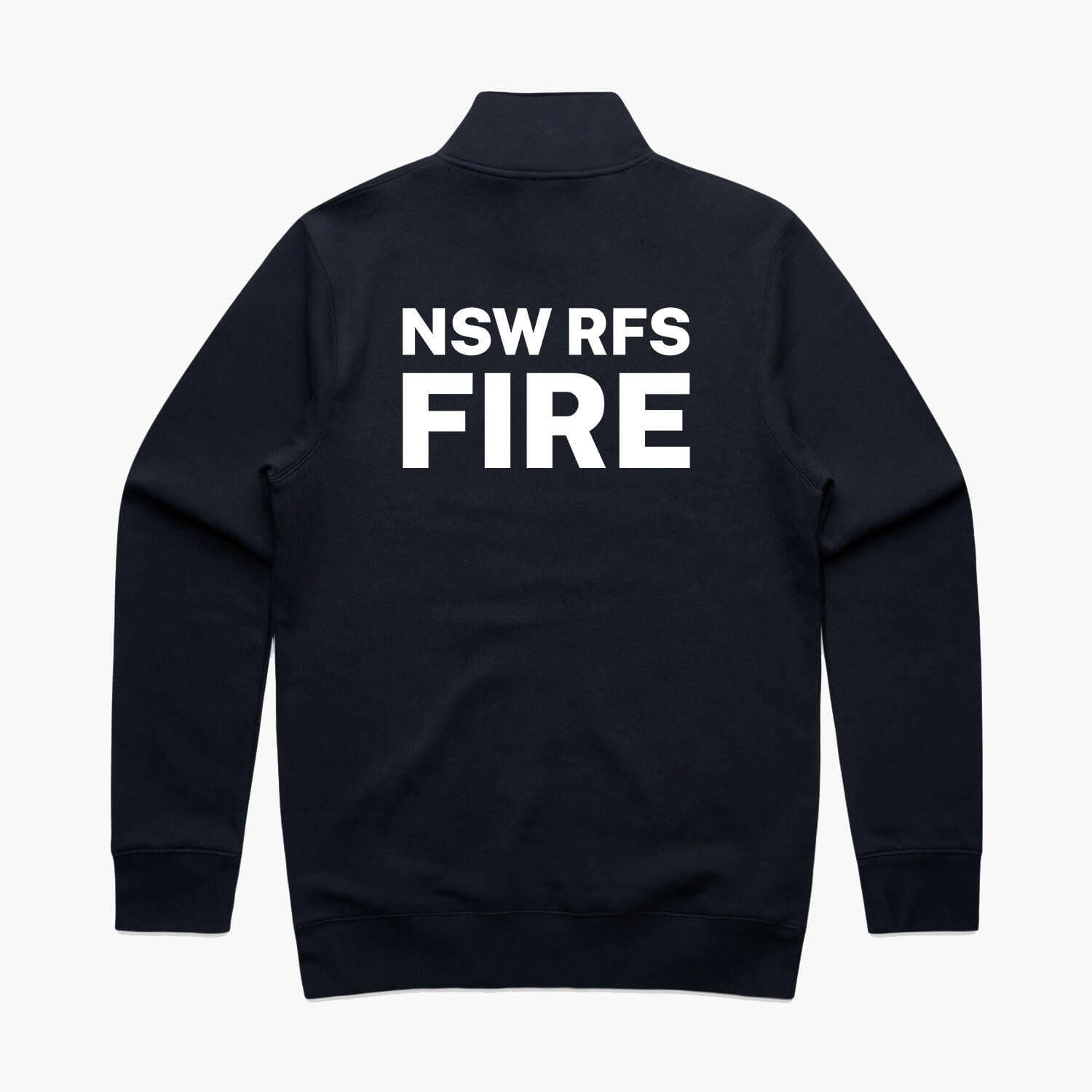 The rear view of a Oakville Brigade RFS quarter zip crew sweater in navy with Rural Fire Service logo.