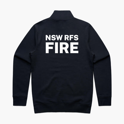 The rear view of a Oakville Brigade RFS quarter zip crew sweater in navy with Rural Fire Service logo.