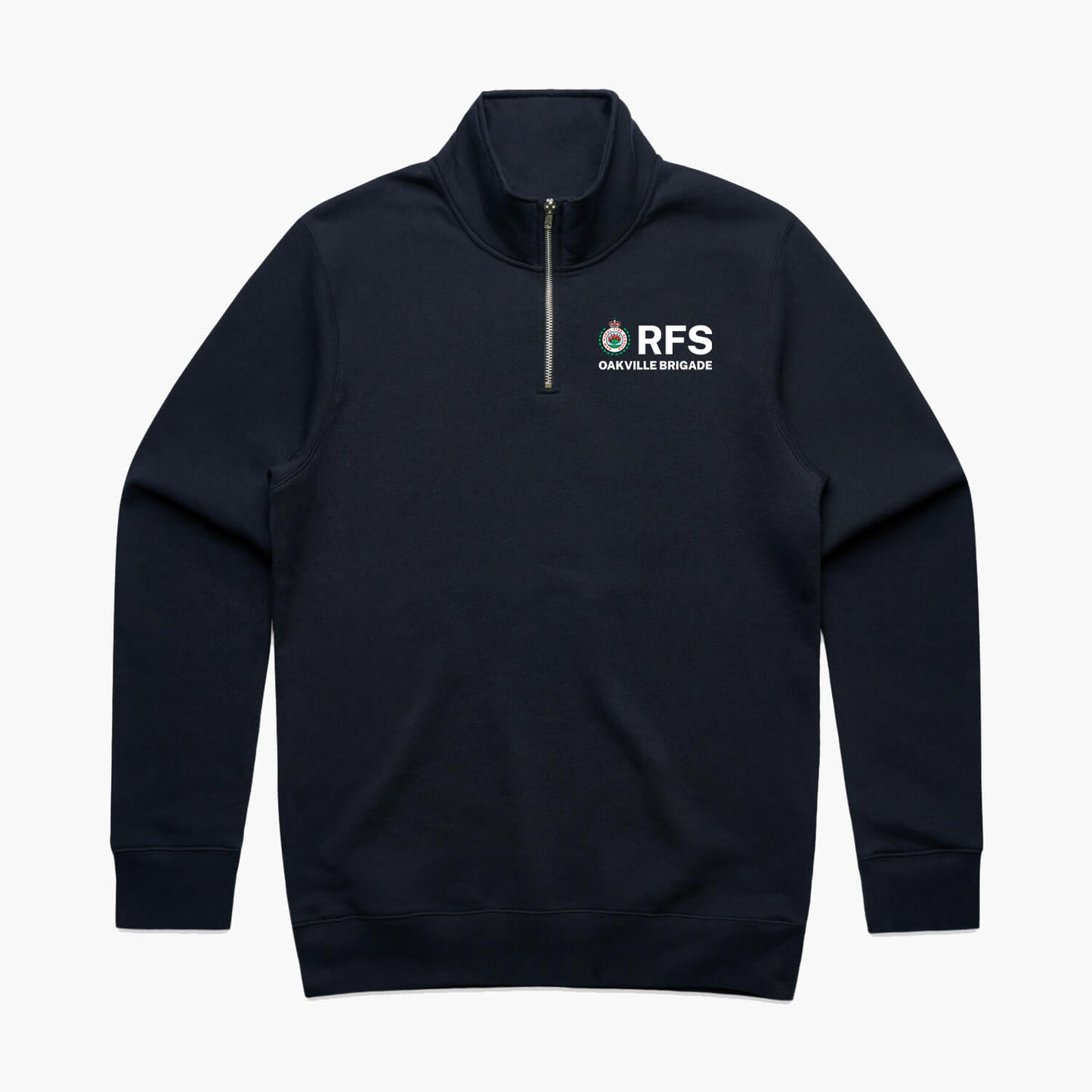 Oakville Brigade RFS quarter zip crew sweater in navy with Rural Fire Service logo on the chest.