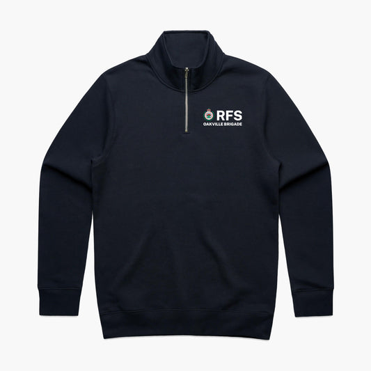 Oakville Brigade RFS quarter zip crew sweater in navy with Rural Fire Service logo on the chest.