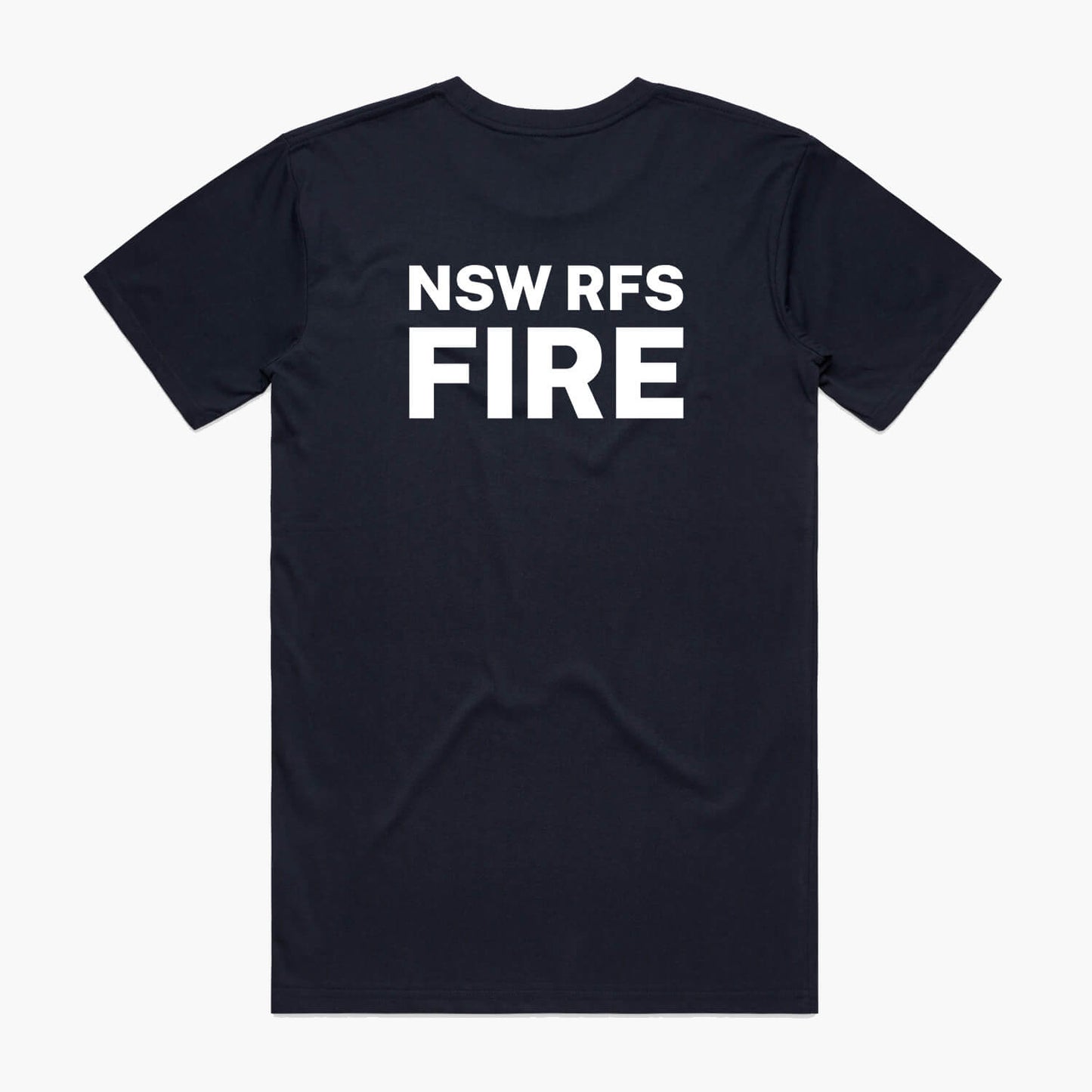 The rear view of an Oakville RFS women’s navy t-shirt featuring the NSW RFS FIRE logo text on the back.