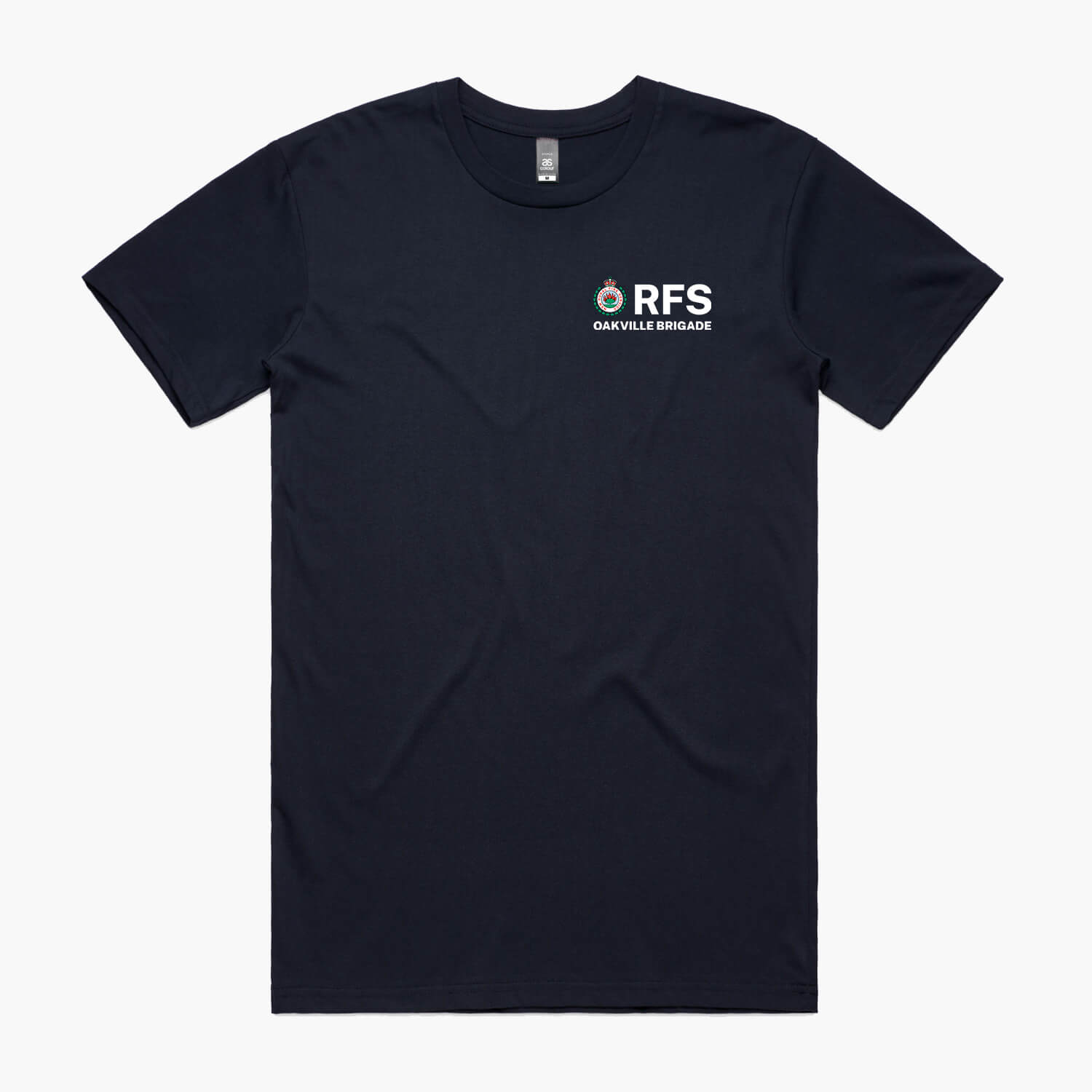 Navy blue women's t-shirt featuring the RFS logo and ‘Oakville Brigade’ text on the front left chest.