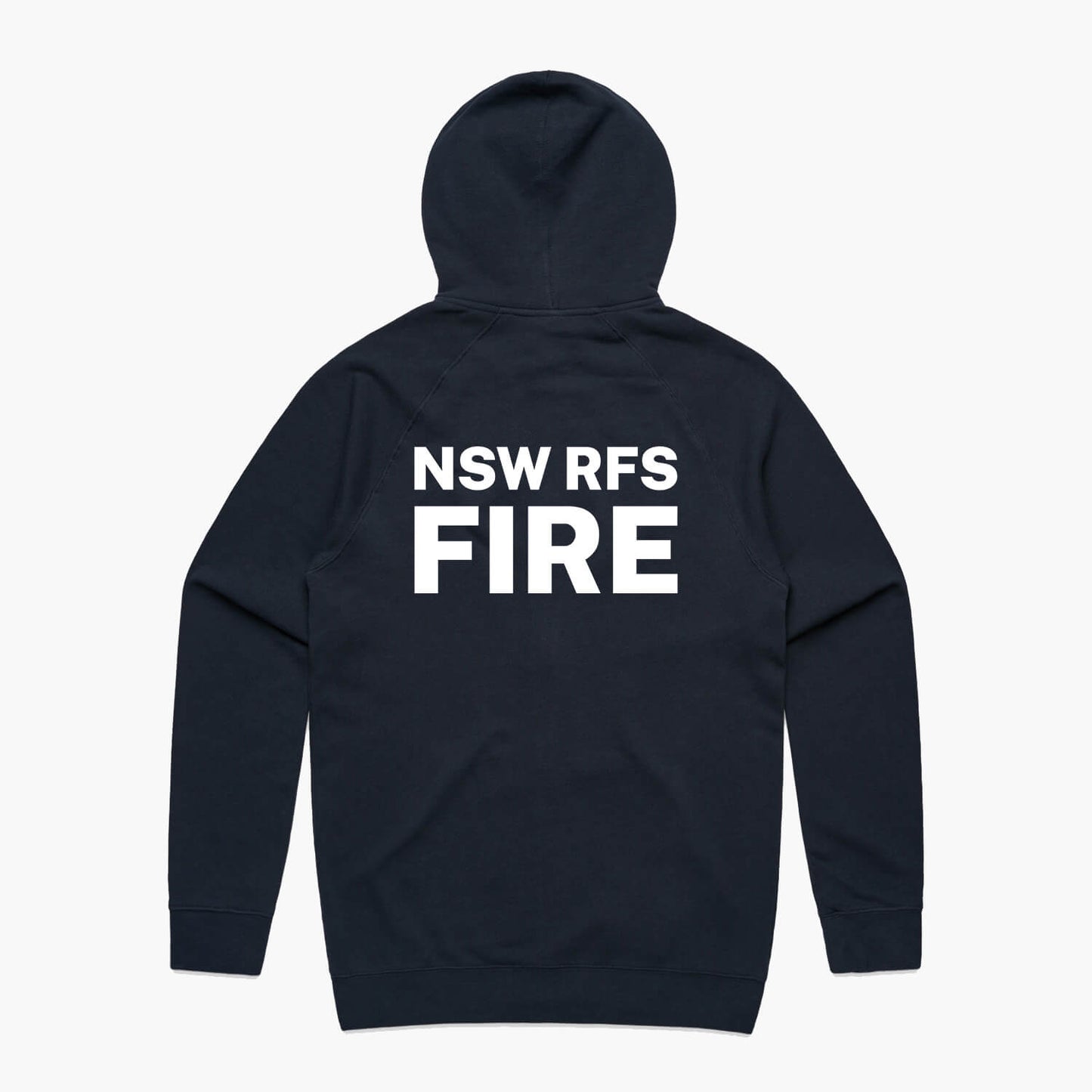 The rear view of a Oakville Brigade RFS pullover hoodie in navy with white Rural Fire Service logo on the back.