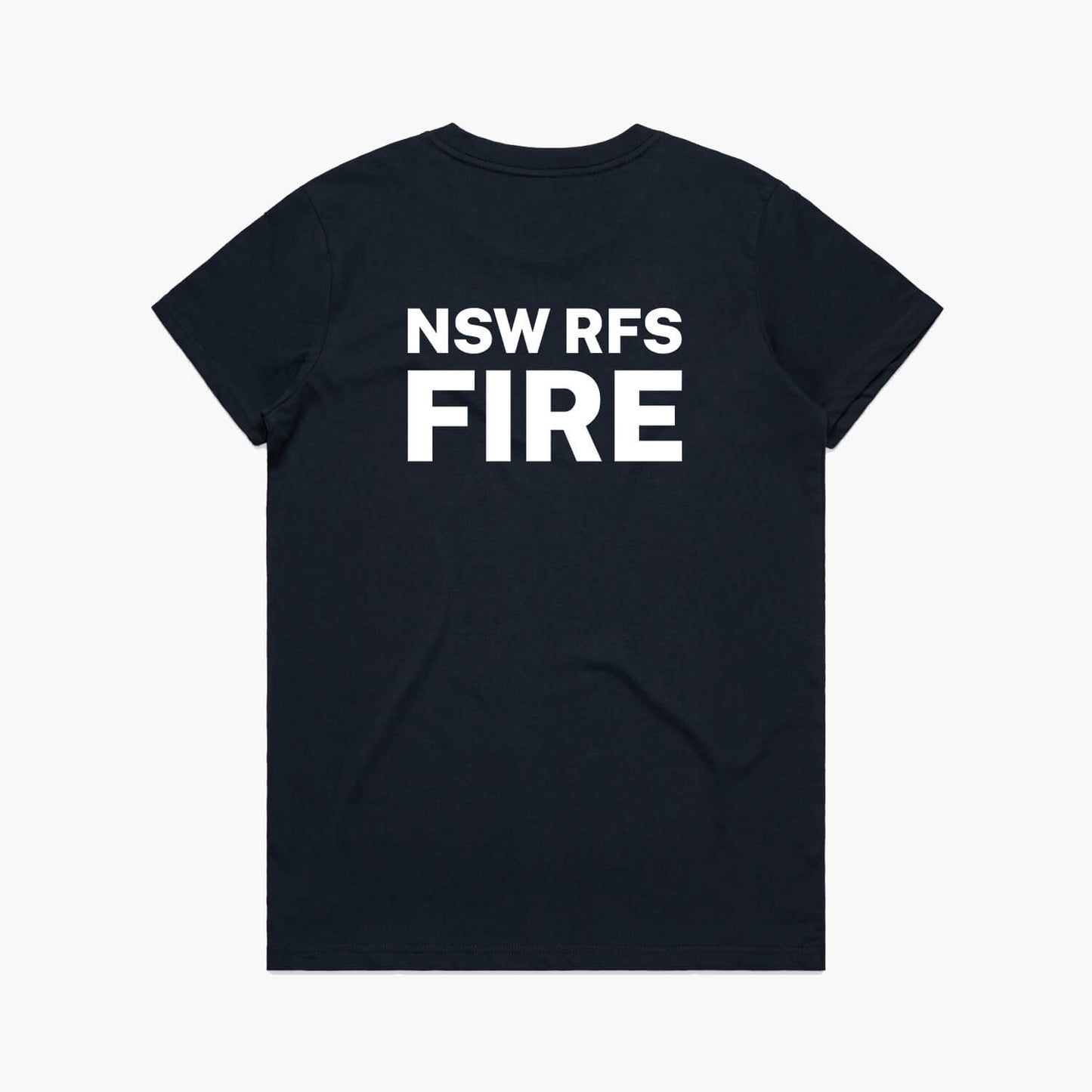 The rear view of an Oakville RFS women’s navy t-shirt featuring the NSW RFS FIRE logo text on the back.