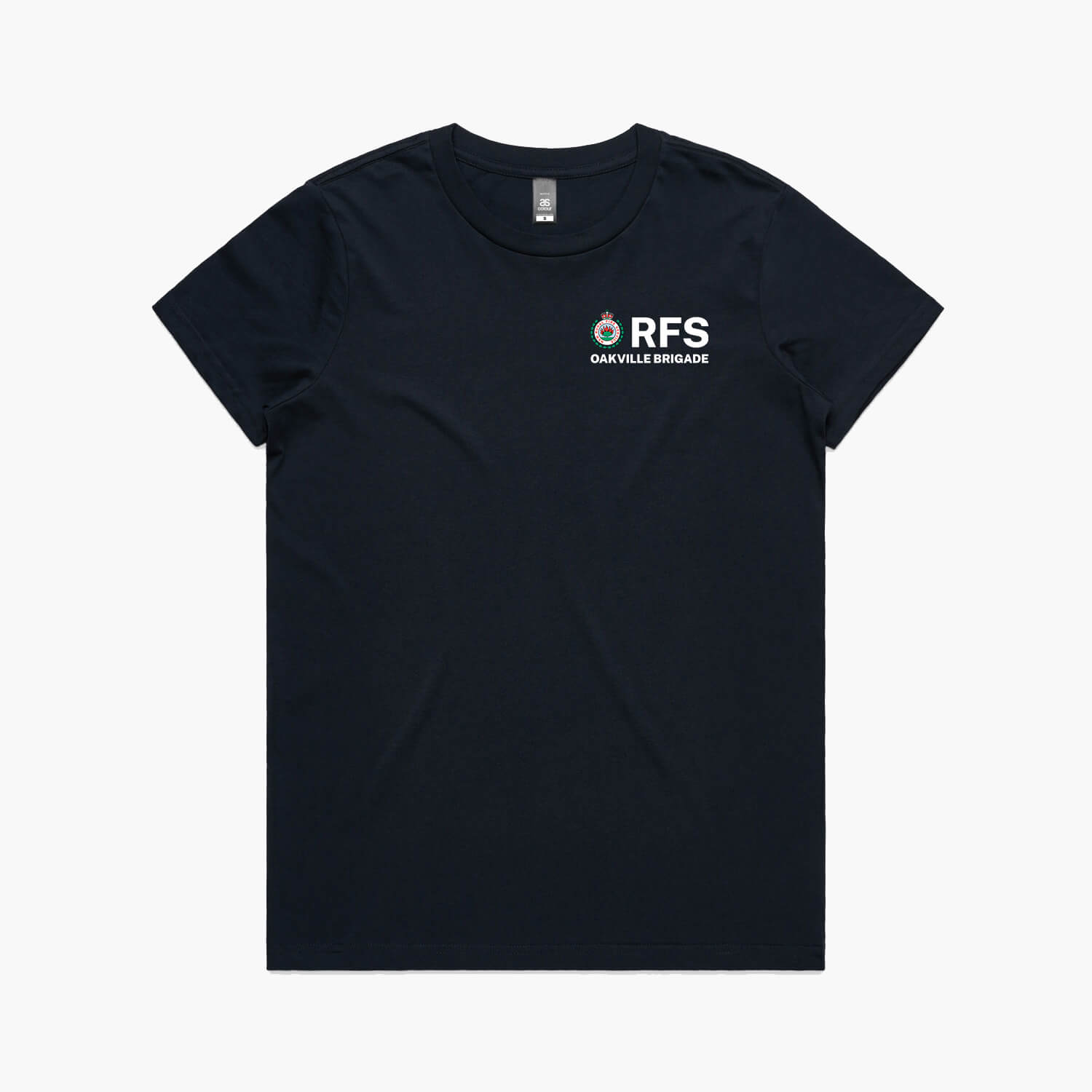 Navy blue women's t-shirt featuring the RFS logo and ‘Oakville Brigade’ text on the front left chest.