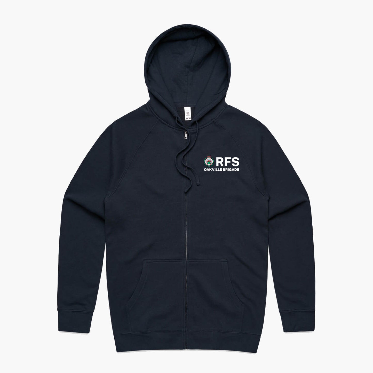 Oakville Brigade RFS zip-up hoodie in navy blue with white Rural Fire Service logo on the chest.