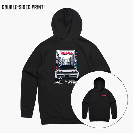 Front and back view of a black hoodie with Osaka street scene and R32 GTR