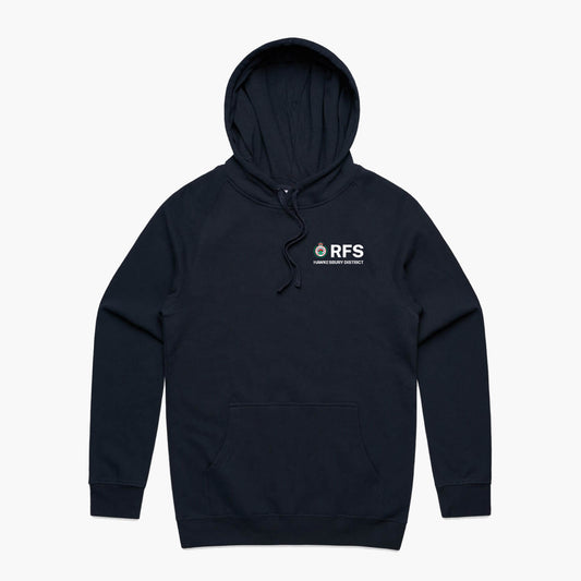 Hawkesbury RFS pullover hoodie in navy blue with white Rural Fire Service logo on the chest.