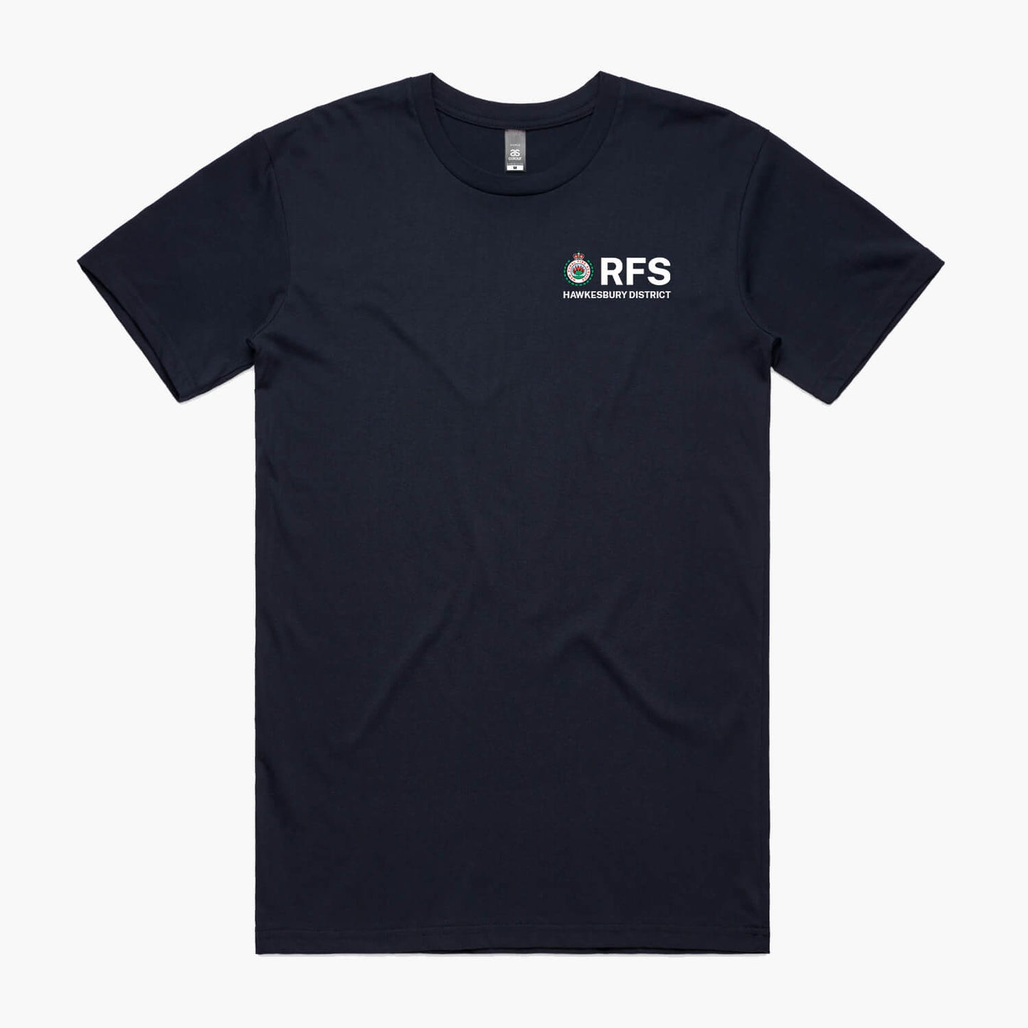 Navy blue men’s t-shirt featuring the RFS logo and ‘Hawkesbury District’ text on the front left chest.