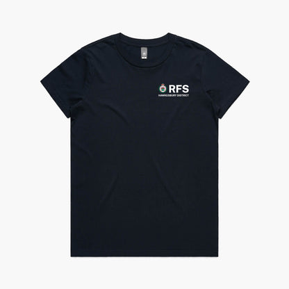 Navy blue women's t-shirt featuring the RFS logo and ‘Hawkesbury District’ text on the front left chest.