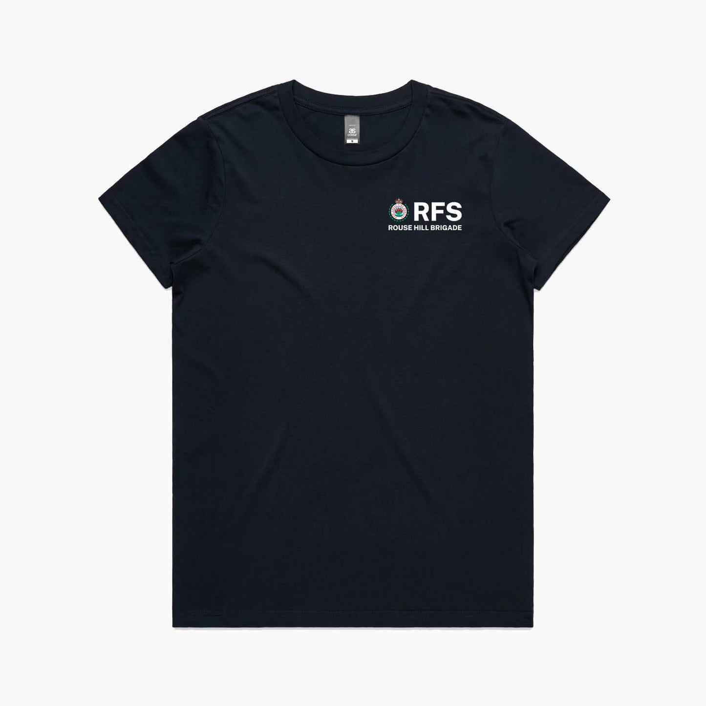 Navy blue women's t-shirt featuring the RFS logo and 'Rouse Hill Brigade' text on the front left chest.