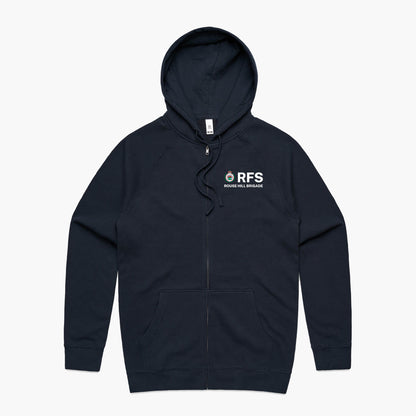 Rouse Hill Brigade RFS zip-up hoodie in navy blue with white Rural Fire Service logo on the chest.