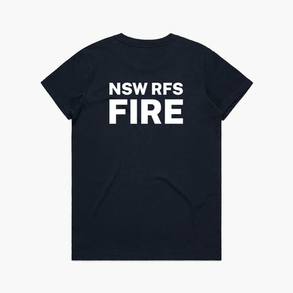 The rear view of a navy blue women's t-shirt featuring the NSW RFS FIRE logo text on the centre back.