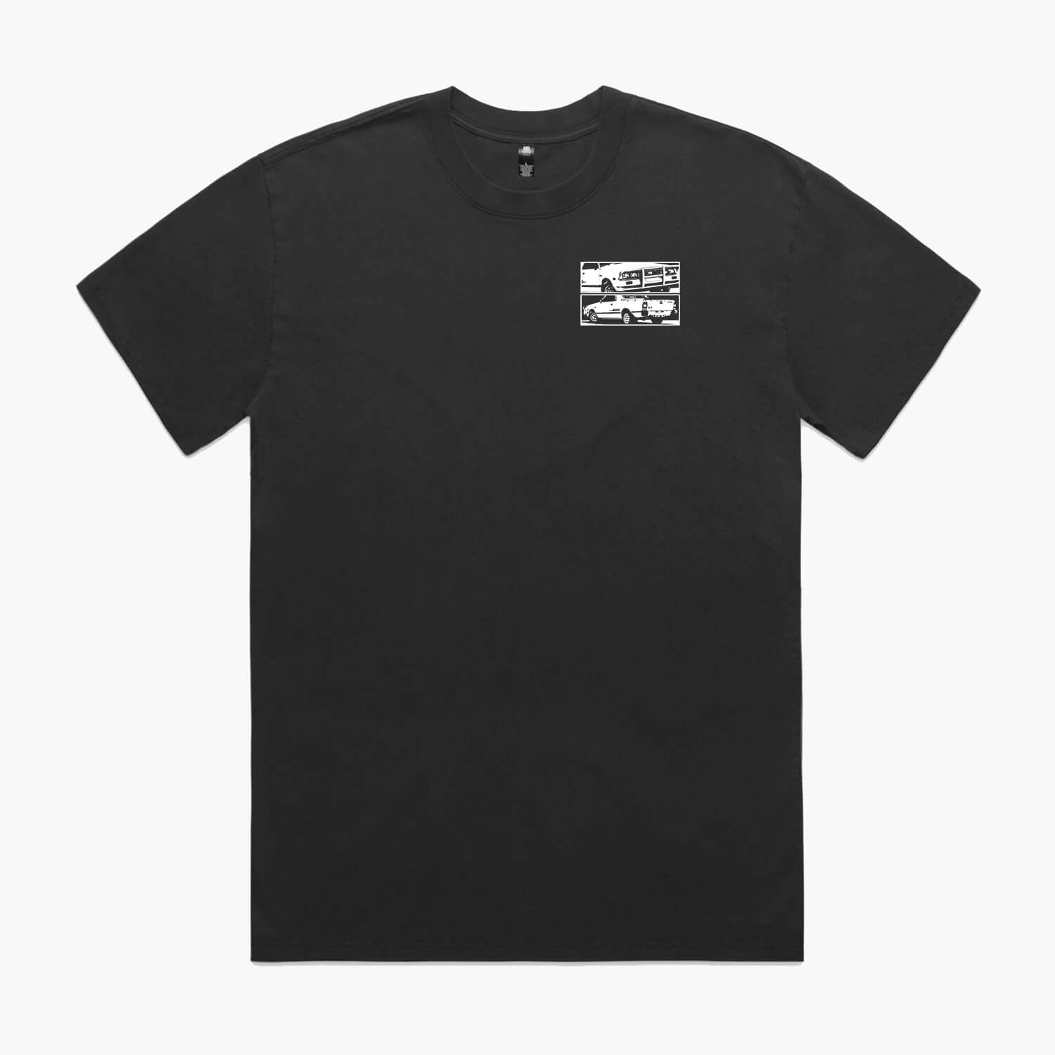 Faded black t-shirt with a small white Subaru Brumby chest logo