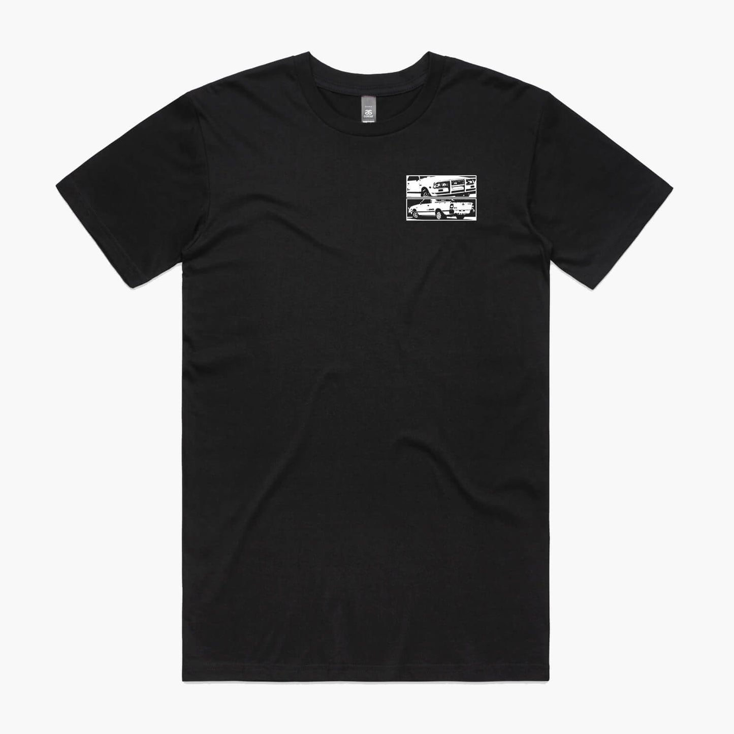 Black t-shirt with a small white Subaru Brumby chest logo