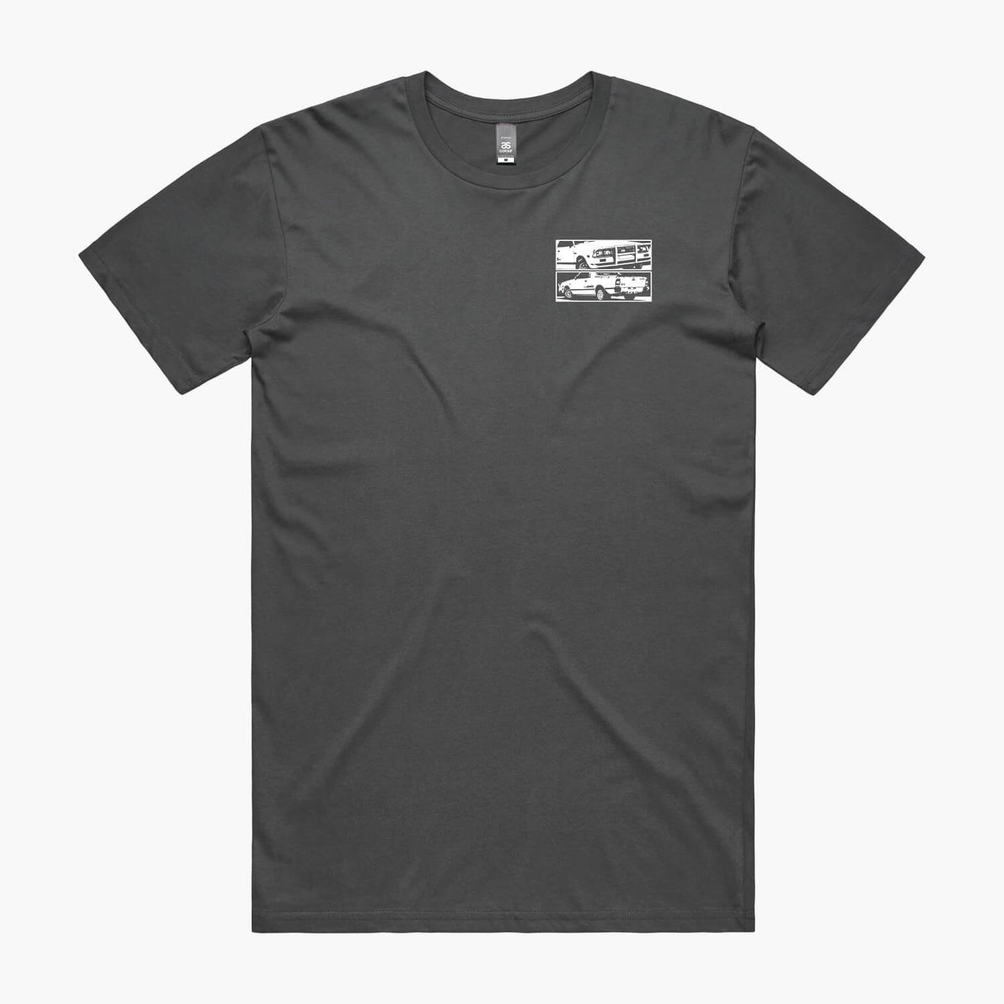 Charcoal t-shirt with a small white Subaru Brumby chest logo