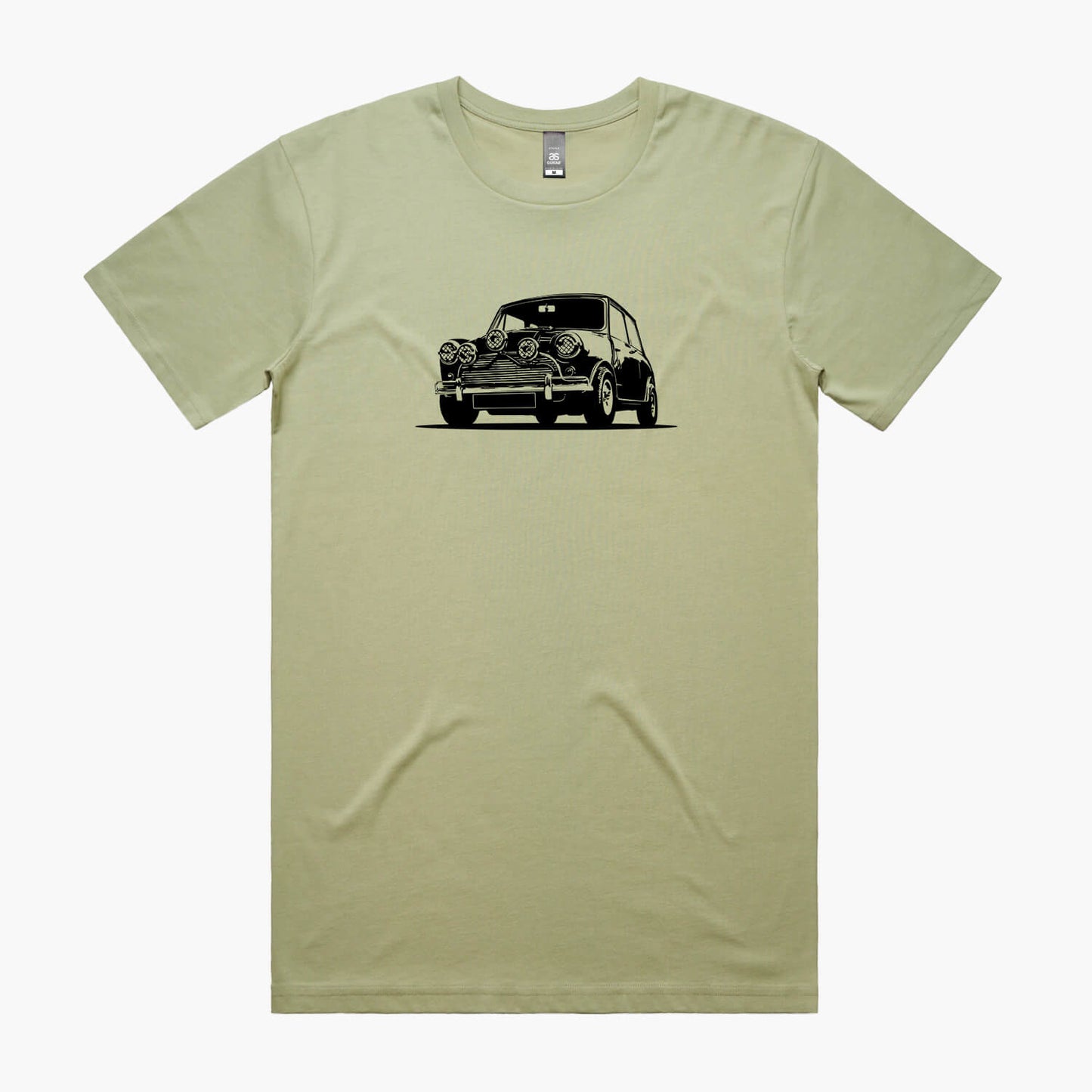 Pistachio green t-shirt with a black Mini Cooper silhouette print on the chest.