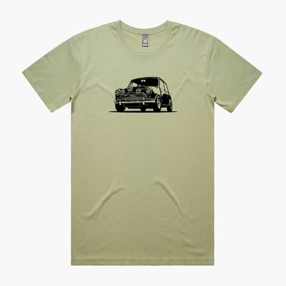 Pistachio green t-shirt with a black Mini Cooper silhouette print on the chest.