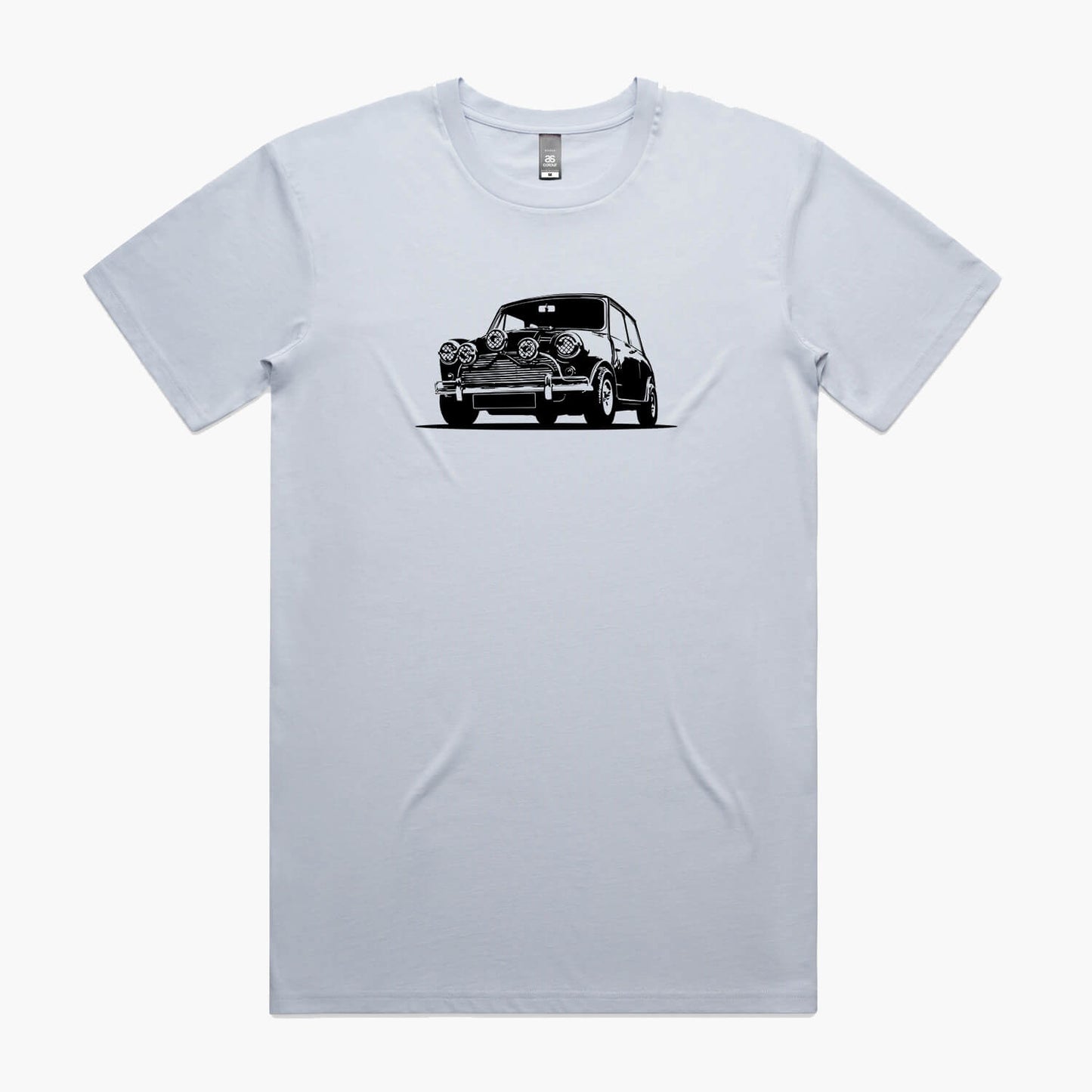 Powder blue t-shirt with a black Mini Cooper silhouette print on the chest.