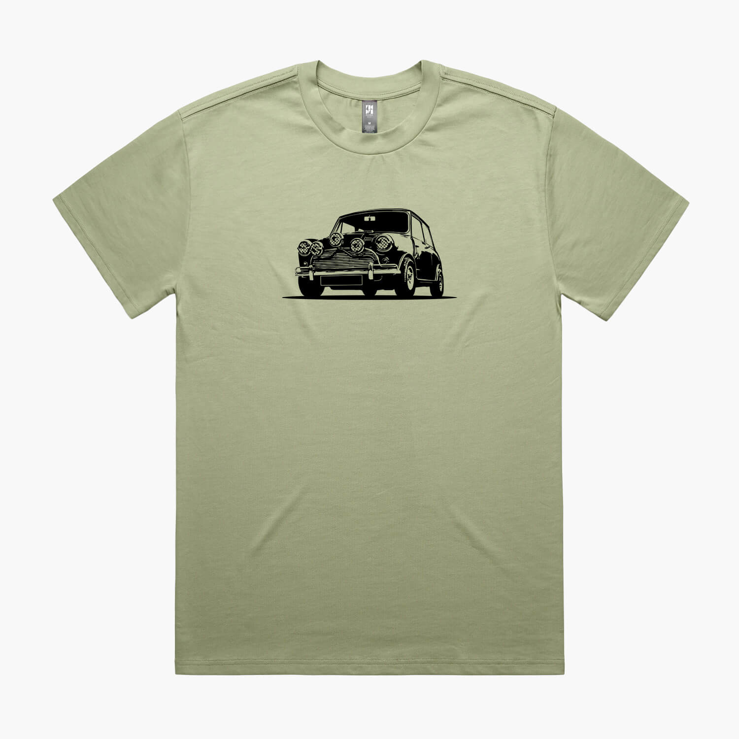 Green oversized t-shirt with a black Mini Cooper silhouette print on the chest.