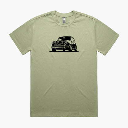 Green oversized t-shirt with a black Mini Cooper silhouette print on the chest.