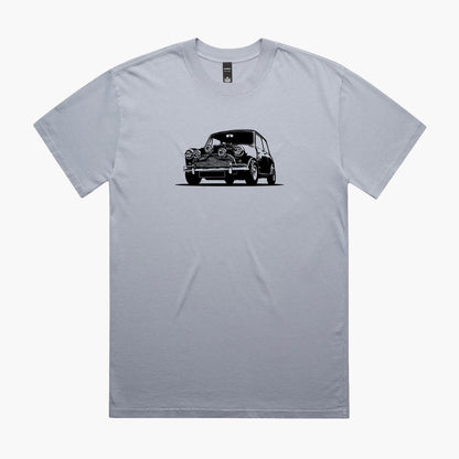 Blue oversized t-shirt with a black Mini Cooper silhouette print on the chest.